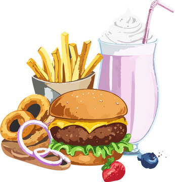  Cheeseburger acompa&ntilde;ado de papas fritas, aros de cebolla y batido de vainilla.