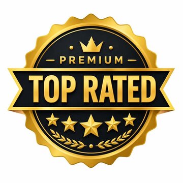 Premium top rated gold badge with five stars and laurel wreath