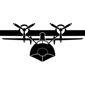 Front view silhouette of vintage twin-engine propeller seaplane or flying boat