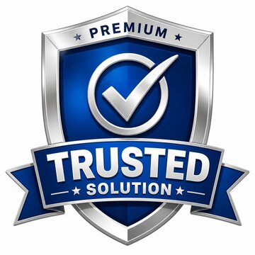 Premium trusted solution badge with check mark icon