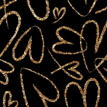 Seamless love pattern with gold glitter hand drawn hearts