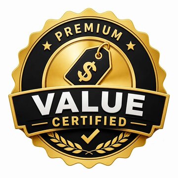 Premium value certified golden badge with dollar sign price tag icon