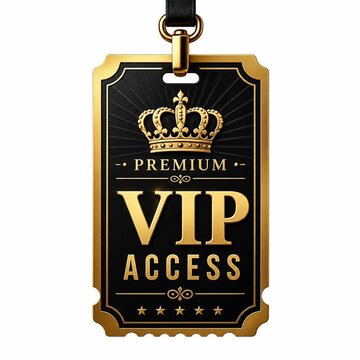 Premium vip access pass with gold crown and lettering isolated on white background