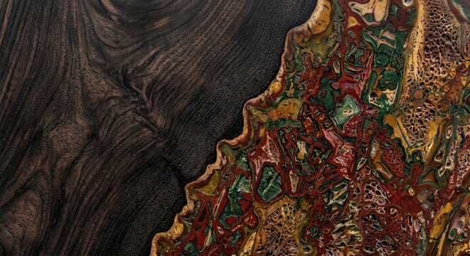 Split background of charred Yakisugi wood grain and colorful ocean jasper mineral with copy space