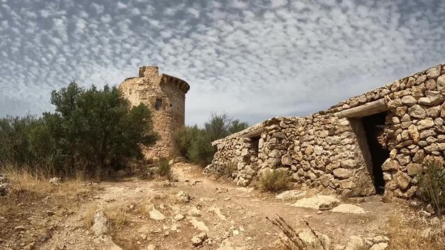 POV Walk Past the Ruins of a Historic Watchtower on the Mallorca Coastline, Spain