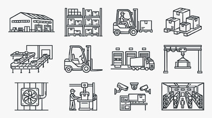 Fototapeta premium Creative Black and White Line Set of Warehouse and Logistics Equipment and Operations with high quality professional line art symbols for modern creative design and digital branding projects