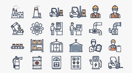 Fototapeta premium Professional Icons Set of Industrial Manufacturing Warehouse Safety and Logistics Equipment in Minimalist Style