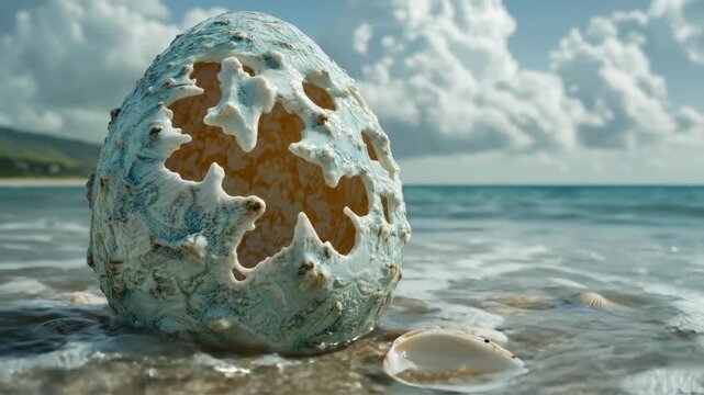 Intricate ceramic sea-themed sculpture on sandy beach with seashells under blue sky. Easter, Pascha, Paskha, Ostern, Pascua, Paques - Orthodox and Catholic Holiday celebration