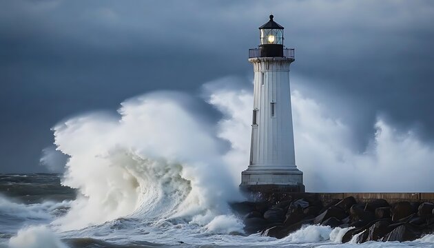 Powerful ocean wave crashing against lighthouse during storm with dramatic sky and choppy sea.