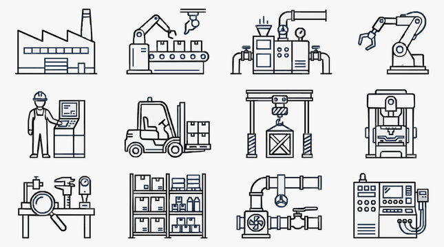 Elegant Monochrome Line Icons Set Featuring Industrial Machinery Factory Equipment and Workplace Tools