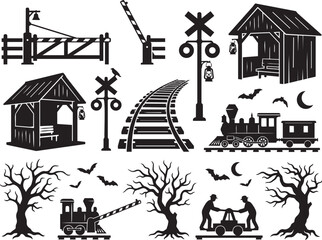 Obraz premium Premium Halloween Forest Railway Crossing Collection Featuring Signal Gates Rustic Tracks And Woodland Atmosphere