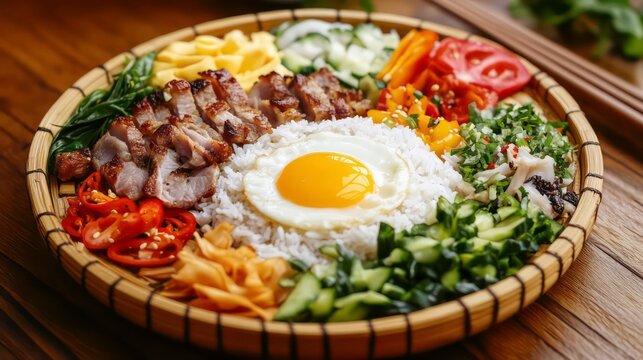 A Wide-Angle Composition of Com Tam on a Bamboo Platter Featuring Broken Rice, Grilled Pork, Fried Egg, and Colorful Pickled Vegetables for Culinary Delight