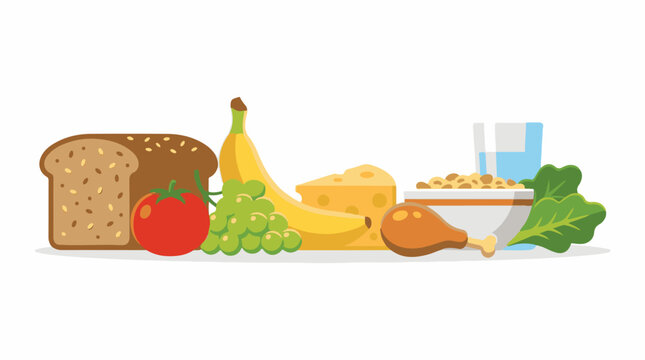 A colorful cartoon still life of various healthy foods on a white background