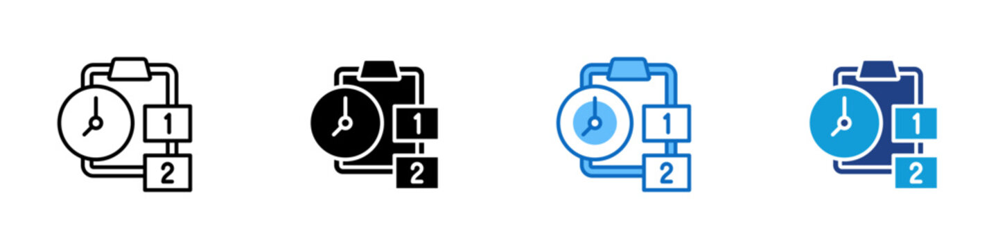 Task Prioritization Multiple Style Icon Design Vector - Clipboard with clock and priority labels representing task prioritization, schedule planning, and workload management