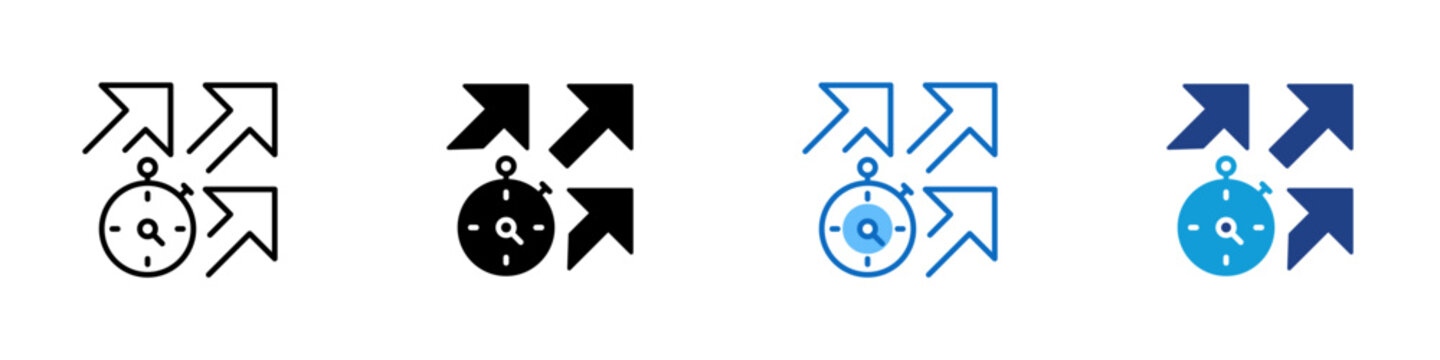 Time Allocation Multiple Style Icon Design Vector - Stopwatch with directional arrows representing time allocation, resource distribution, and schedule planning