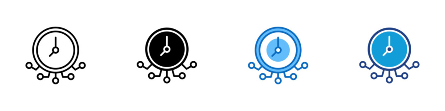 Time Management Multiple Style Icon Design Vector - Clock with connected nodes representing time management, workflow coordination, and operational scheduling