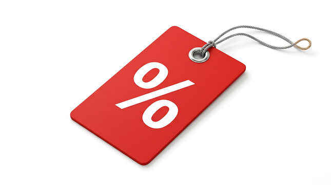 Red discount tag with percentage sign on white background
