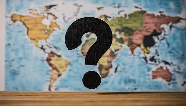 Black question mark floating over world map background on wooden table, concept of inquiry.