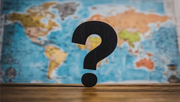 Question mark symbol hovering over world map background representing travel unknowns and exploration questions.