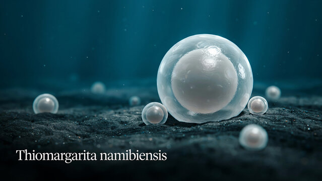 Thiomargarita namibiensis bacteria cell structure under microscope  transparent spherical cells on dark surface