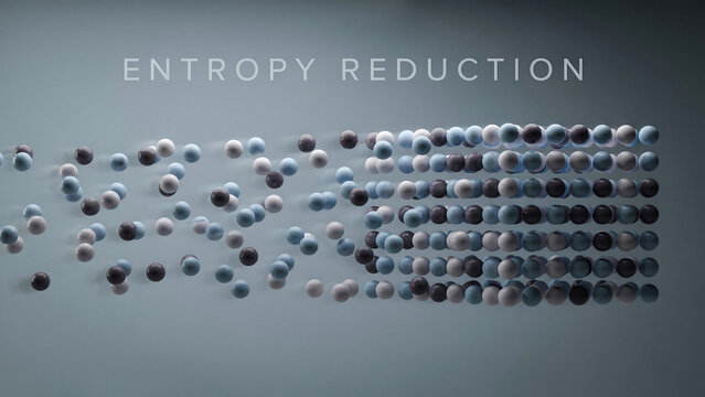 Ordered spheres forming a pattern from disorder to order representing entropy reduction concept