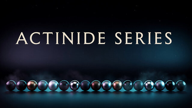Actinide series of elements in chemistry periodic table represented by metallic spheres on dark background with blue glow