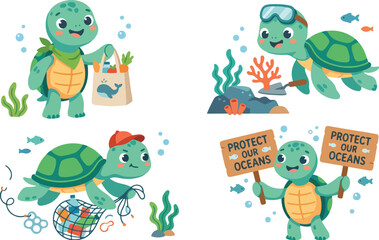 Fototapeta premium Cute sea turtle mascot bundle featuring a kawaii turtle character, a baby turtle sticker, and a cartoon turtle