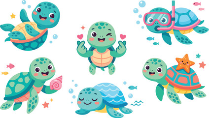 Fototapeta premium Adorable cute sea turtle mascot bundle featuring a kawaii turtle character, baby turtle, and cartoon turtle sticker