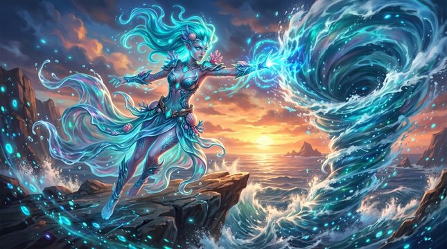 Magical Water Elemental Sorceress Conjuring Storm Vortex on Ocean Cliff