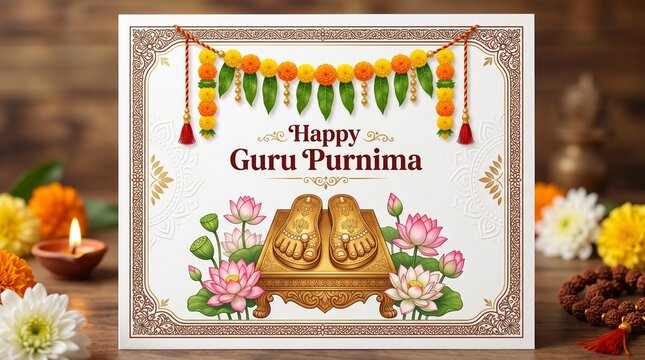 Happy guru purnima greeting with traditional paduka sandals and flowers