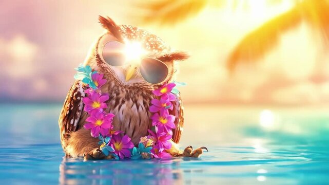 Owl in sunglasses with tropical lei relaxing in pool at sunset
