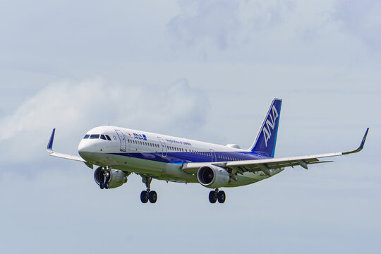 An All Nippon Airways (ANA) Airbus A321 on approach to Fukuoka Airport on August 8, 2020 in Fukuoka, Japan.