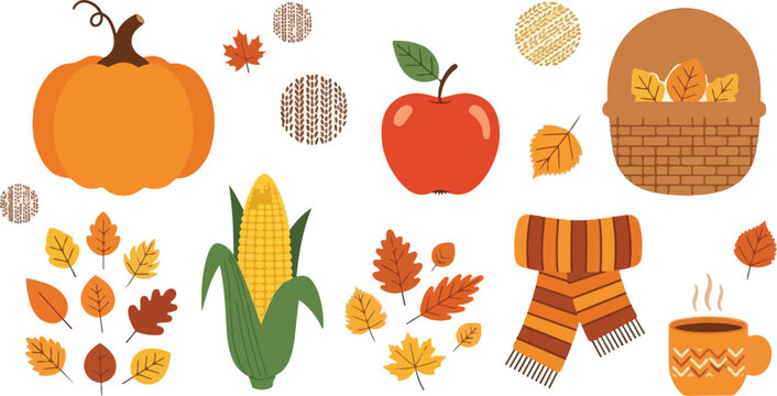 Autumn season icons with pumpkin apple corn leaves scarf and cup of coffee
