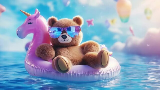 Teddy bear relaxing on unicorn float in dreamy pool with sunglasses and colorful balloons