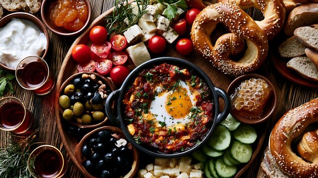 A vibrant food platter with a shish egg dish surrounded by assorted breads olives vegetables and dips on a wooden table.