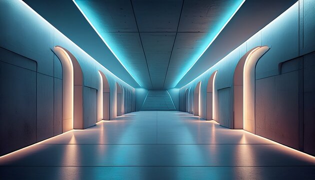 sleek modern concrete interior with glowing neon lines and stark shadows a minimal futuristic passageway evoking industrial sci fi architecture and digital metaverse vibes