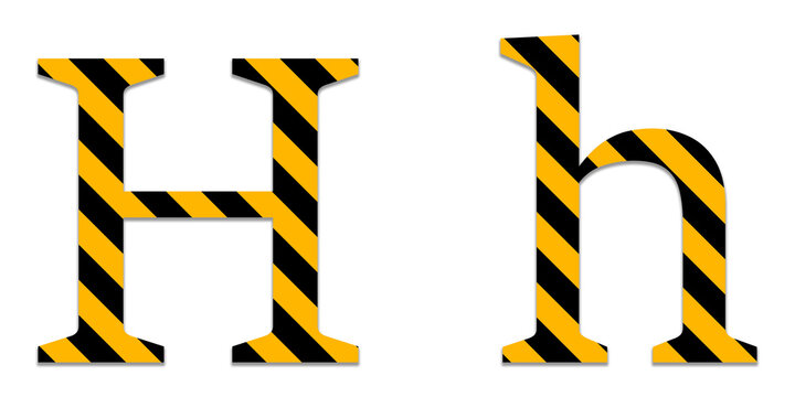 Uppercase and lowercase letter h with yellow and black diagonal hazard warning stripe pattern isolated on a transparent background