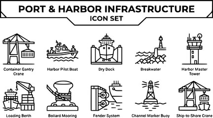 Fototapeta premium Port and Harbor Infrastructure Outline Icon Set with Container Crane, Dry Dock and Ship-to-Shore Crane, 10 Icons for Maritime Logistics, Editable Strokes