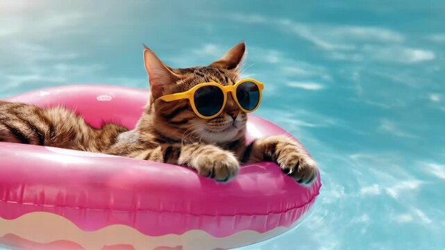 Cat relaxing in pool on inflatable with sunglasses