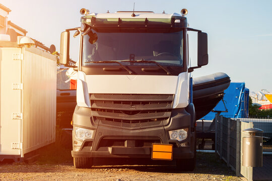 Front view of the white trailer truck, Transportation Vehicle