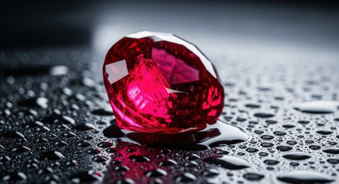 Close up of a sparkling red gemstone on a wet reflective surface