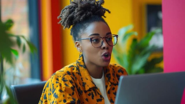 Focused woman working on a laptop in a vibrant workspace shows modern professionalism and dedication in her creative environment. Generative AI