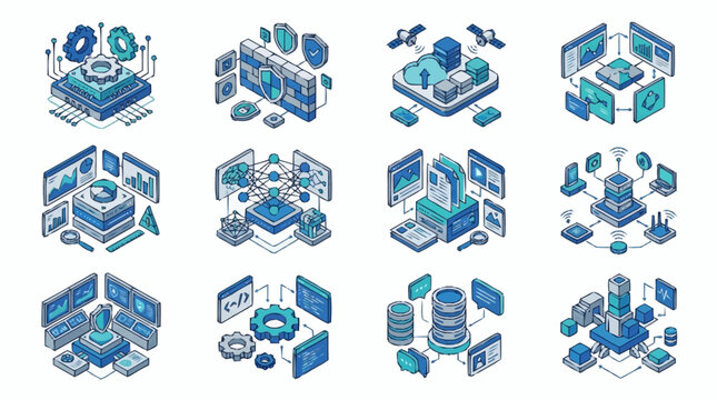 Isometric Technology Infrastructure Network Concept Art.