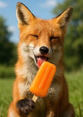 Obraz premium Fox enjoying orange popsicle delight.