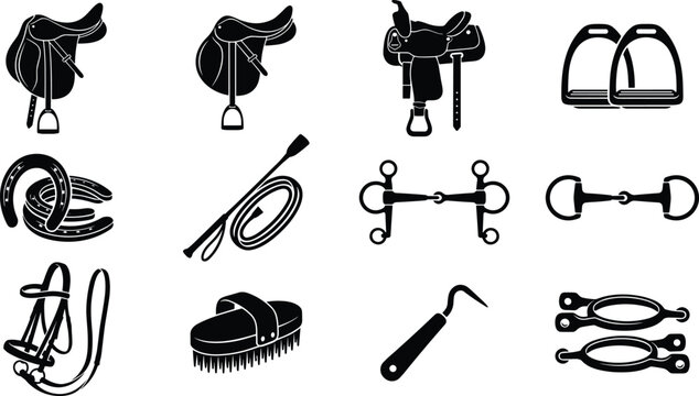 Horse riding tack and equestrian grooming equipment icons set with stable accessories black silhouettes isolated on white background