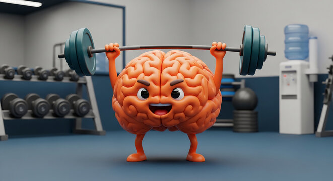 Cartoon brain character lifting weights in a gym, symbolizing mental strength, cognitive fitness, and intellectual growth, perfect for education or wellness concepts