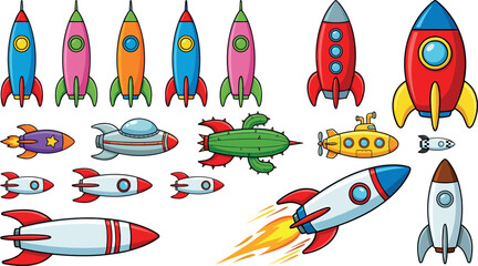 Cartoon space rocket spaceship and flying saucer ufo bundle with colorful galaxy exploration vehicles vector illustration © Mstogifa