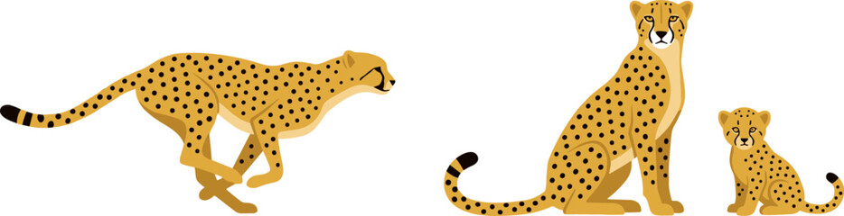 Cheetah Vector Character Set Featuring One Wildcat Running at Full Speed Mother Cheetah Sitting Upright and Cute Spotted Cub on White Background © monoara
