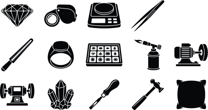 Professional jewelry making and gemology tools icons set with diamond crafting black silhouettes isolated on white background