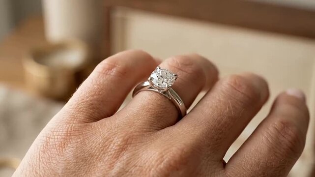 Close-up of a woman's hand wearing a sparkling diamond ring on her ring finger with a warm indoor background